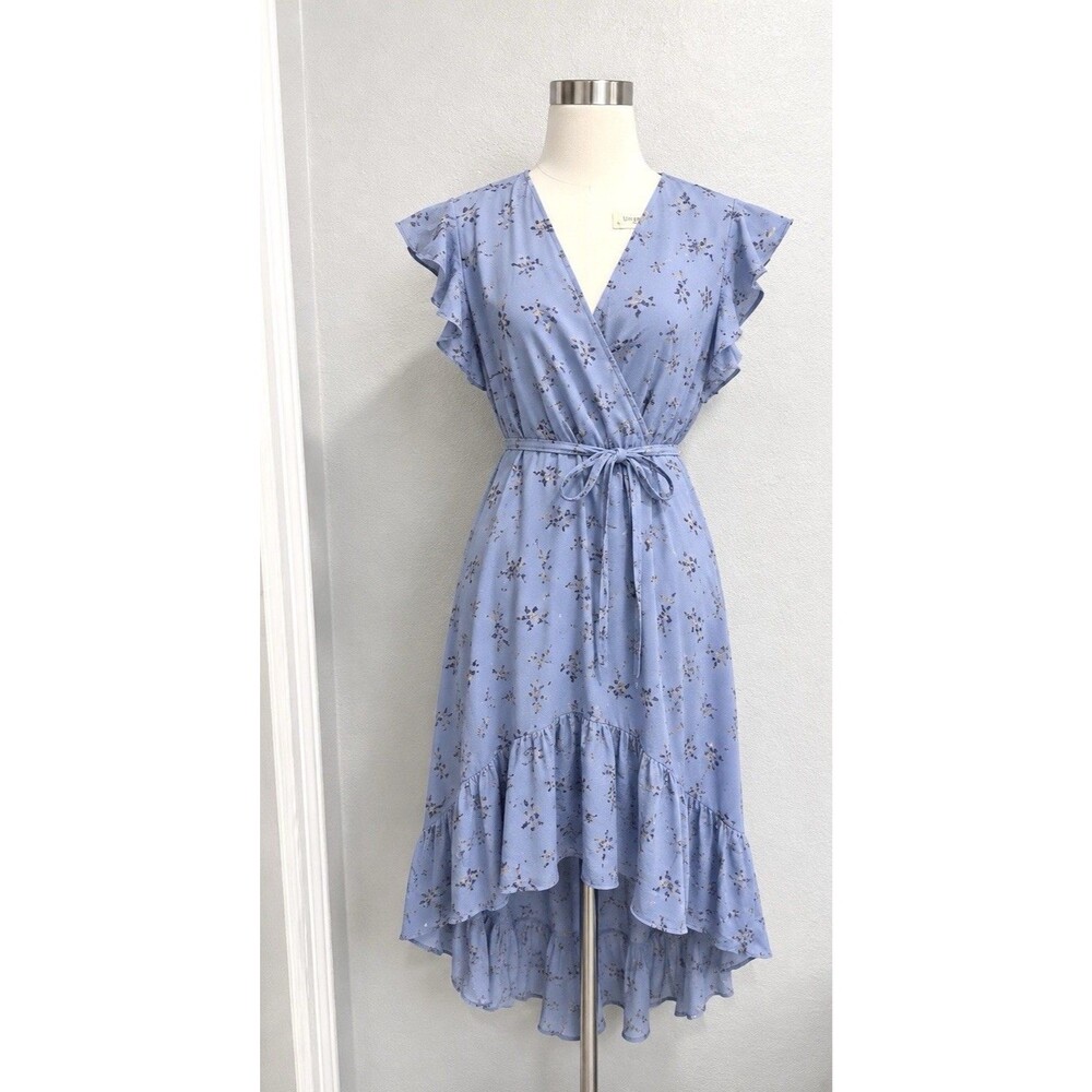 Altar’d State Florentina Dress Small Blue Floral Hi Low Ruffle Wrap Midi NWT - Picture 2 of 8